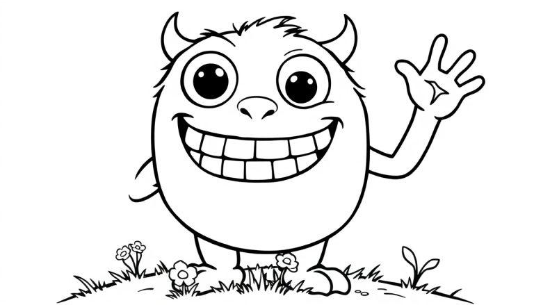 Ein freundliches Monster zum Ausmalen, das auf einer Grasfläche steht und winkt. Eine schwarz-weiße Farbtafel-Illustration.