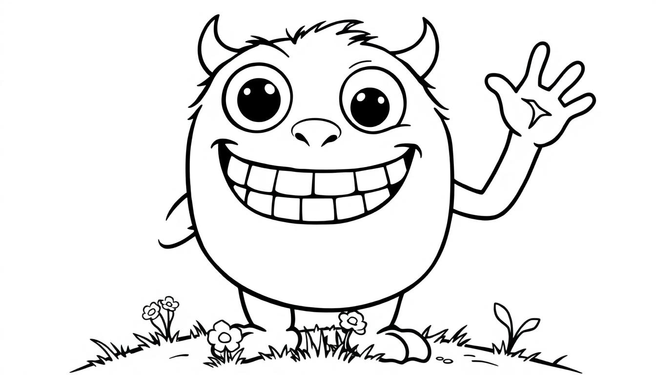 Ein freundliches Monster zum Ausmalen, das auf einer Grasfläche steht und winkt. Eine schwarz-weiße Farbtafel-Illustration.
