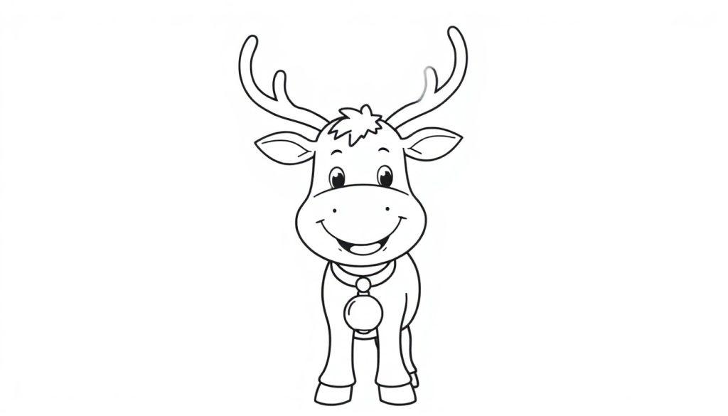 Eine Schwarz-Weiß-Farbtafel eines freundlichen Cartoon-Rentiers mit großen Augen, einem lächelnden Mund und einem Glöckchen am Hals.