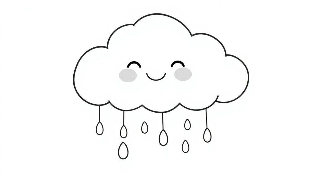 Eine niedliche Cartoon-Wolke mit einem freundlichen Gesicht und Regentropfen, bereit zum Ausmalen als Farbtafel.