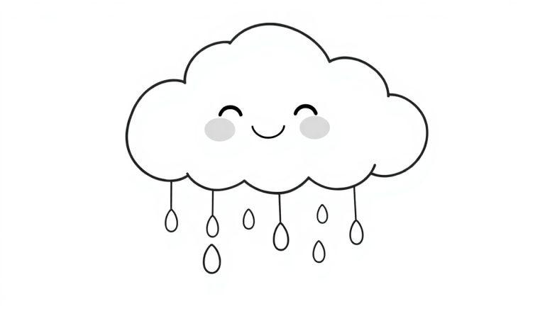 Eine niedliche Cartoon-Wolke mit einem freundlichen Gesicht und Regentropfen, bereit zum Ausmalen als Farbtafel.