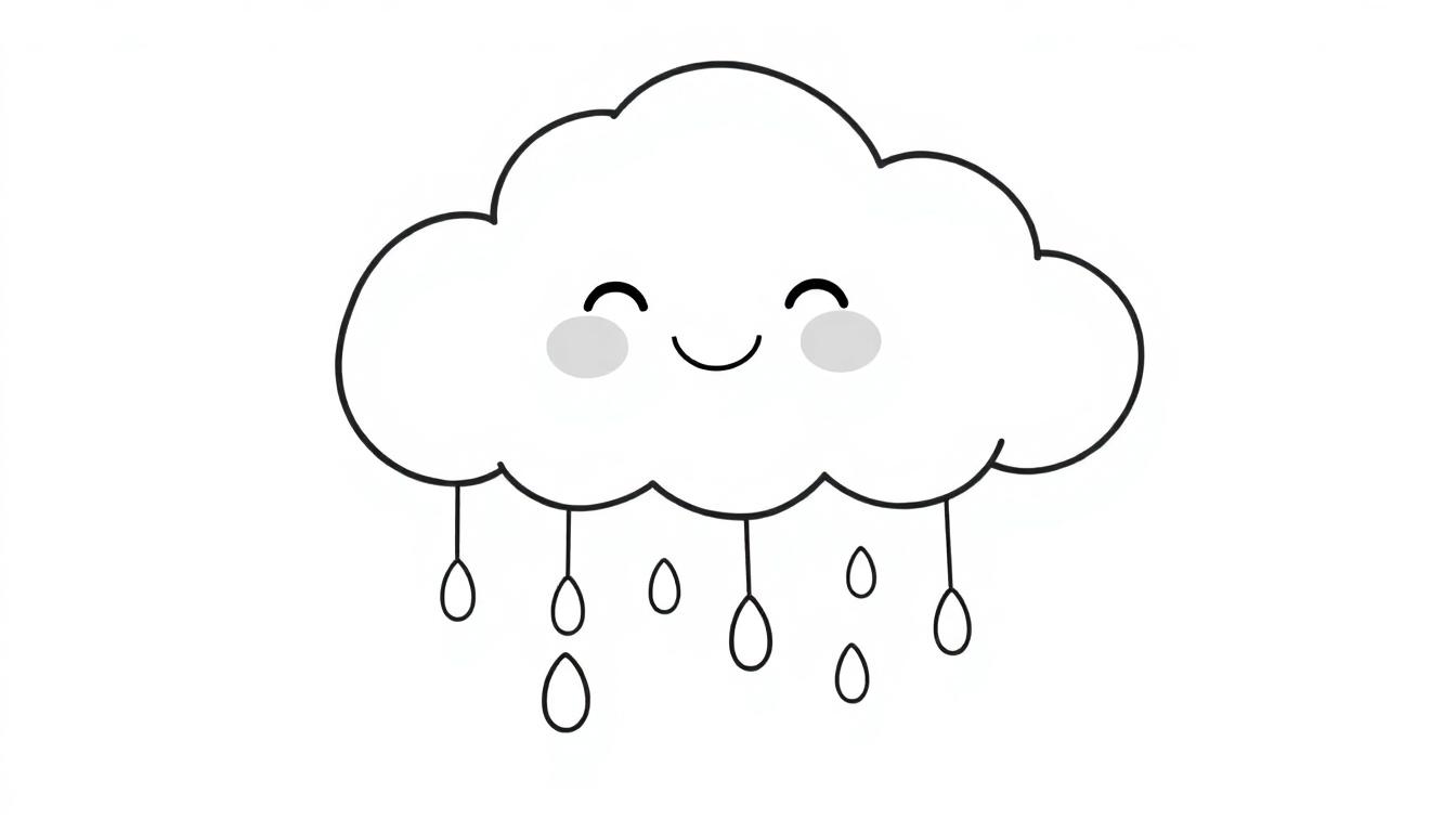 Eine niedliche Cartoon-Wolke mit einem freundlichen Gesicht und Regentropfen, bereit zum Ausmalen als Farbtafel.