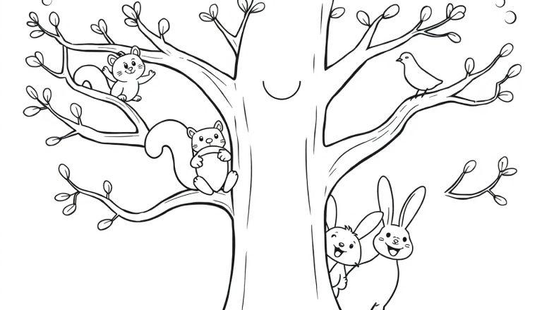 Schwarz-Weiß-Farbtafel eines Cartoon-Baumes mit Tieren, ein Eichhörnchen winkt, ein anderes frisst eine Eichel, ein Vogel sitzt, zwei Hasen schauen hervor, und der Baum hat ein lächelndes Gesicht.