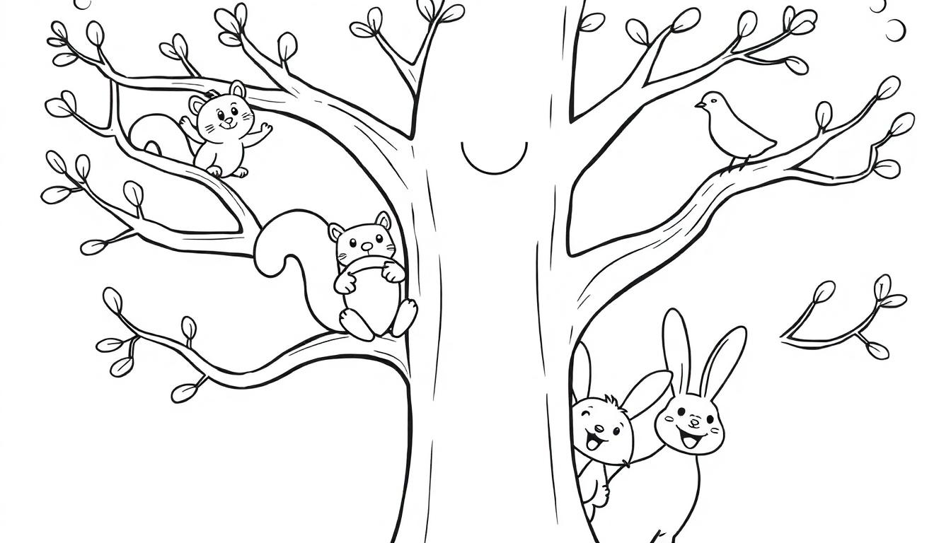 Schwarz-Weiß-Farbtafel eines Cartoon-Baumes mit Tieren, ein Eichhörnchen winkt, ein anderes frisst eine Eichel, ein Vogel sitzt, zwei Hasen schauen hervor, und der Baum hat ein lächelndes Gesicht.