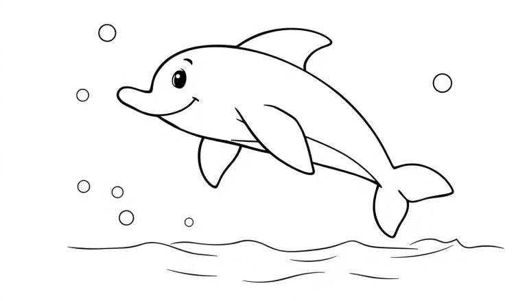 Ein Schwarz-Weiß-Bild eines lächelnden Delfins, der aus dem Wasser springt, umgeben von Blasen und stilisierten Wellen.