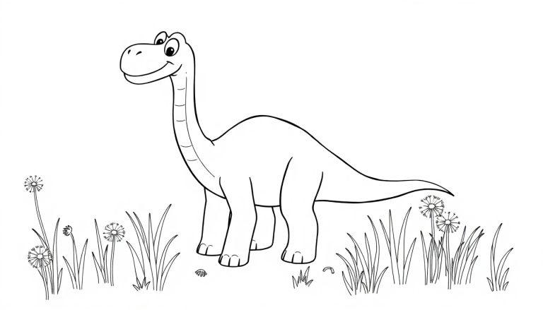 Eine Schwarz-Weiß-Farbtafel eines freundlichen Cartoon-Diplodocus im Gras mit Löwenzahn.