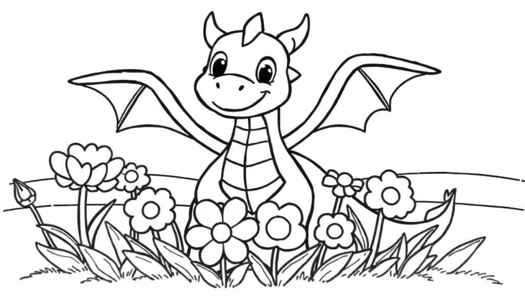 Schwarz-weiße Farbtafel eines freundlichen Drachen in einem Blumenfeld.