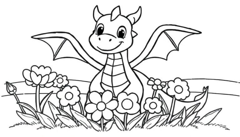 Schwarz-weiße Farbtafel eines freundlichen Drachen in einem Blumenfeld.