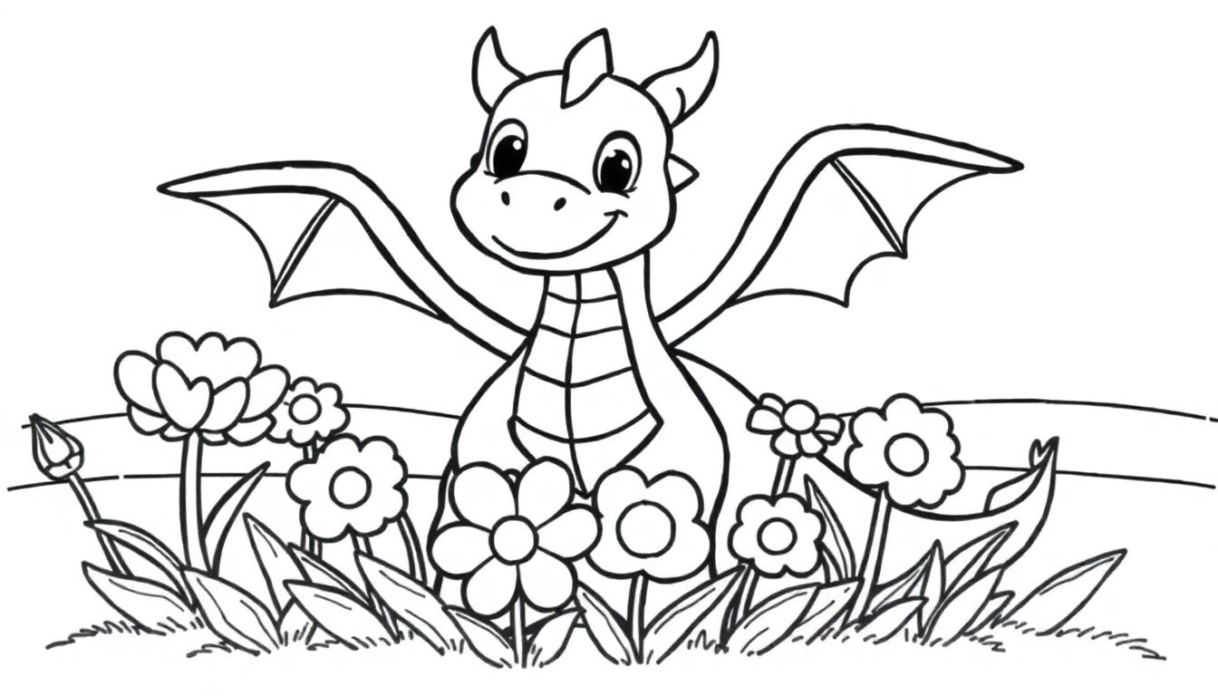 Schwarz-weiße Farbtafel eines freundlichen Drachen in einem Blumenfeld.