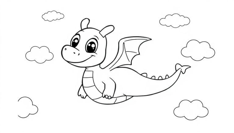 Eine freundliche Farbtafel-Drachen-Umrisszeichnung fliegt durch die Wolken.