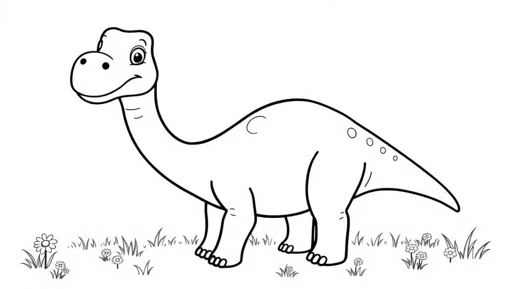 Eine Schwarz-Weiß-Farbtafel-Zeichnung eines freundlichen, langhalsigen Dinosauriers, der auf einer Rasenfläche steht und lächelt.
