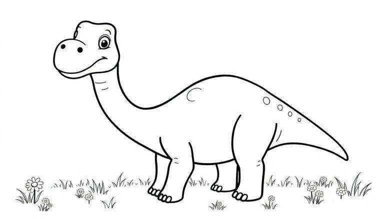 Eine Schwarz-Weiß-Farbtafel-Zeichnung eines freundlichen, langhalsigen Dinosauriers, der auf einer Rasenfläche steht und lächelt.