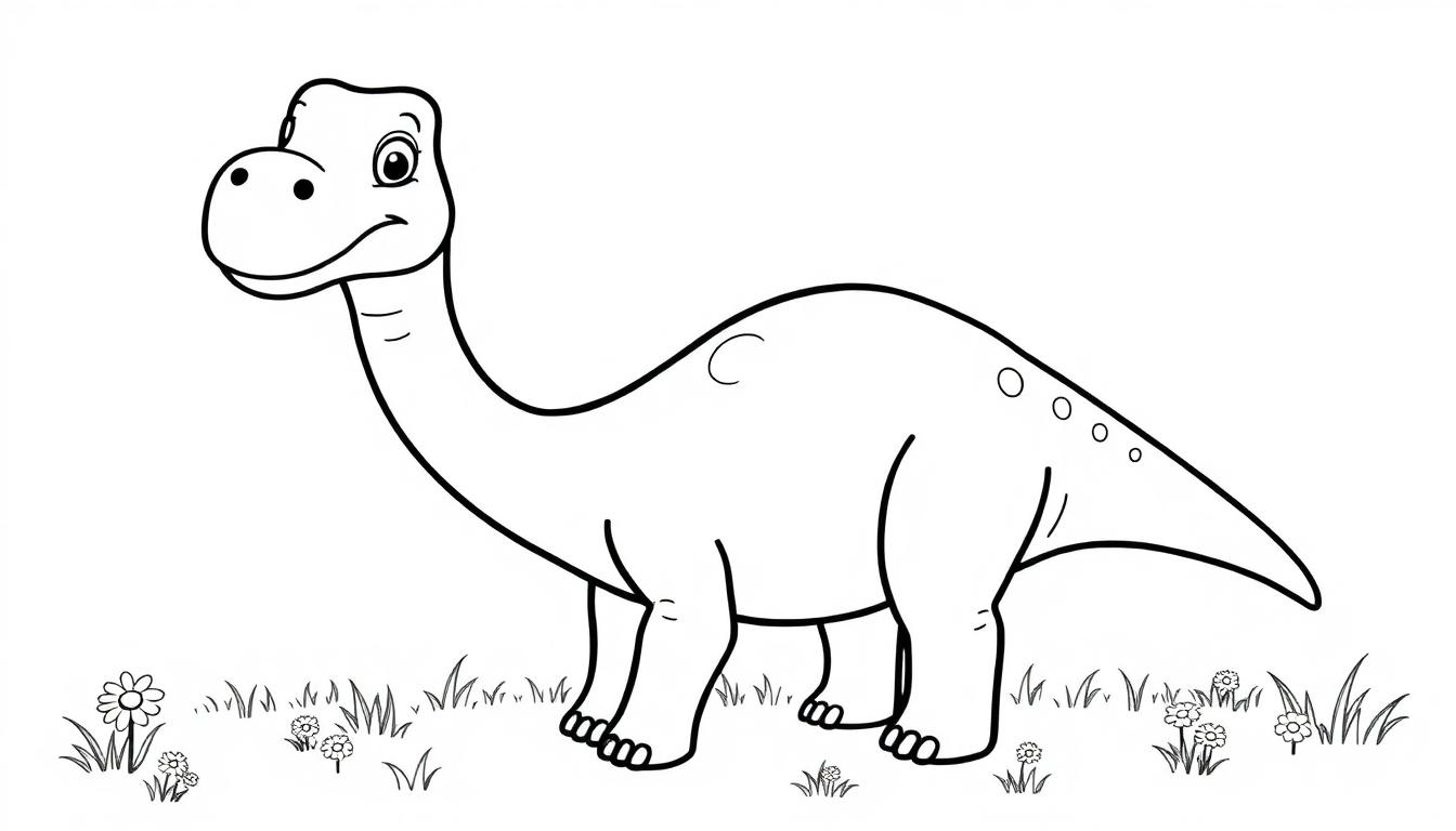 Eine Schwarz-Weiß-Farbtafel-Zeichnung eines freundlichen, langhalsigen Dinosauriers, der auf einer Rasenfläche steht und lächelt.