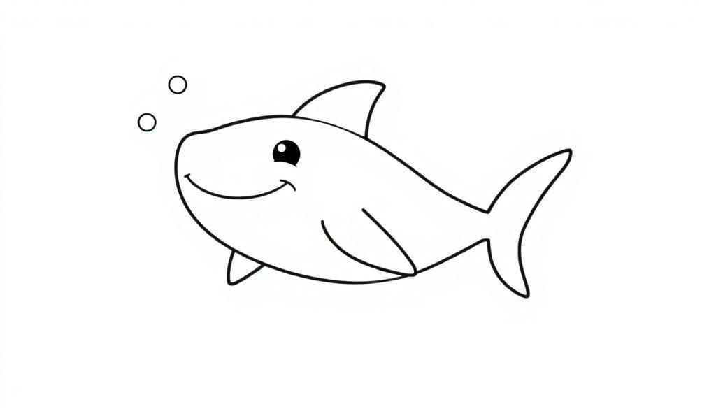 Schwarz-weiße Farbtafel eines freundlichen Cartoon-Hais mit großer Rückenflosse und Schwanzflosse, der im Wasser schwimmt.