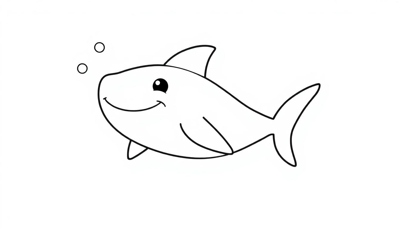 Schwarz-weiße Farbtafel eines freundlichen Cartoon-Hais mit großer Rückenflosse und Schwanzflosse, der im Wasser schwimmt.