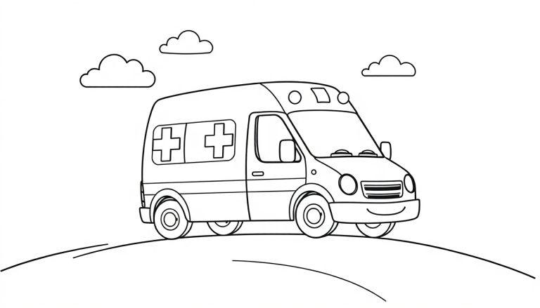 Schwarz-weiß Cartoon-Farbtafel eines freundlichen Krankenwagens, der einen Hügel hinauffährt, mit medizinischen Kreuzen und Wolken.