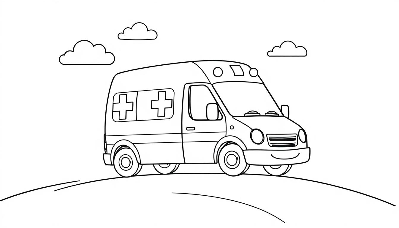 Schwarz-weiß Cartoon-Farbtafel eines freundlichen Krankenwagens, der einen Hügel hinauffährt, mit medizinischen Kreuzen und Wolken.