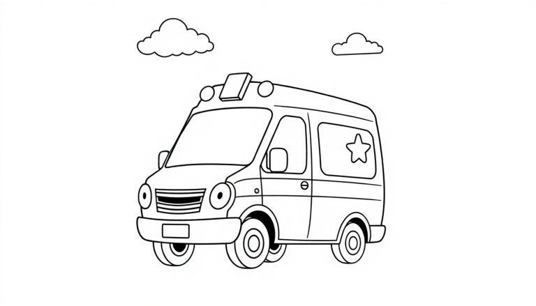 Ein freundlicher Cartoon-Krankenwagen in Schwarzweiß mit einem Stern-Symbol auf der Farbtafel.
