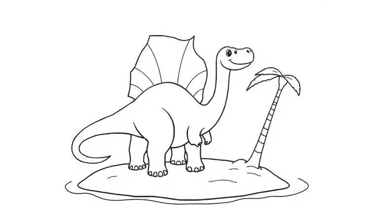 Schwarz-weiße Farbtafel-Illustration eines freundlichen Spinosaurus auf einer kleinen Palmeninsel.