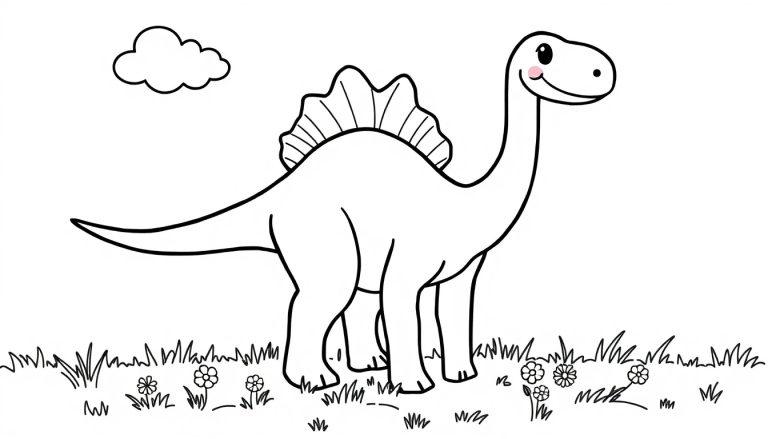 Eine niedliche Schwarz-Weiß-Farbtafel eines Spinosaurus mit einem segelartigen Rücken und freundlichem Gesicht, stehend auf einer Wiese mit Blumen und einer Wolke.