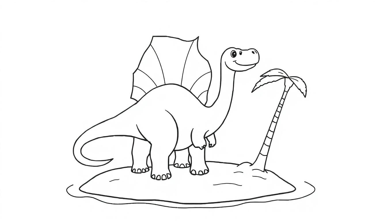 Schwarz-weiße Farbtafel-Illustration eines freundlichen Spinosaurus auf einer kleinen Palmeninsel.