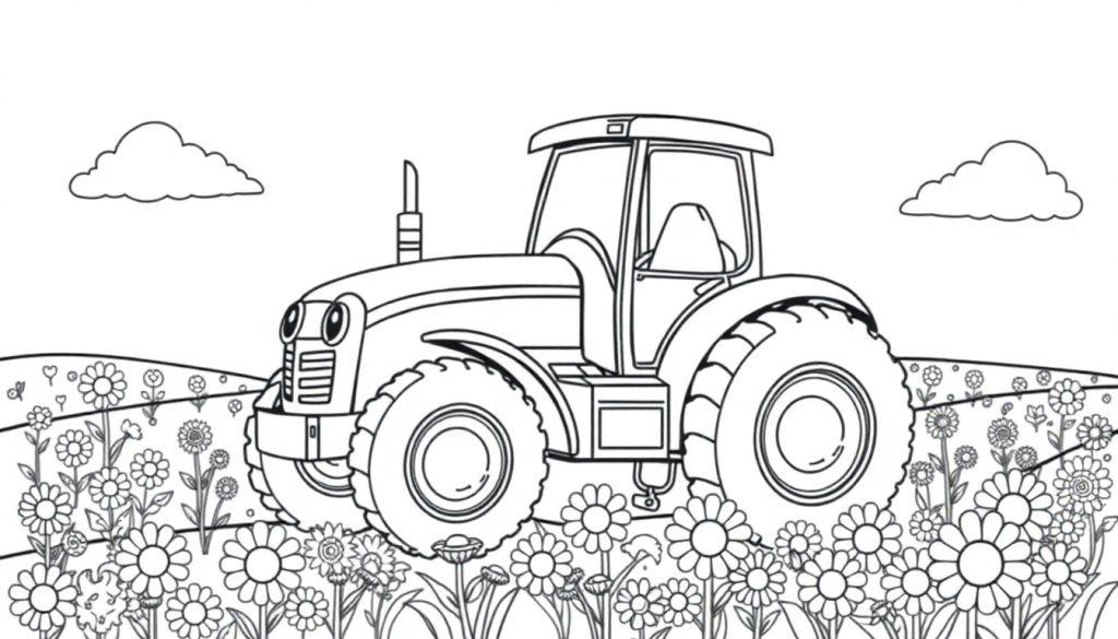 Schwarz-weiße Farbtafel eines freundlichen Traktors, der durch ein Feld voller Gänseblümchen fährt, mit zwei Wolken am Himmel.