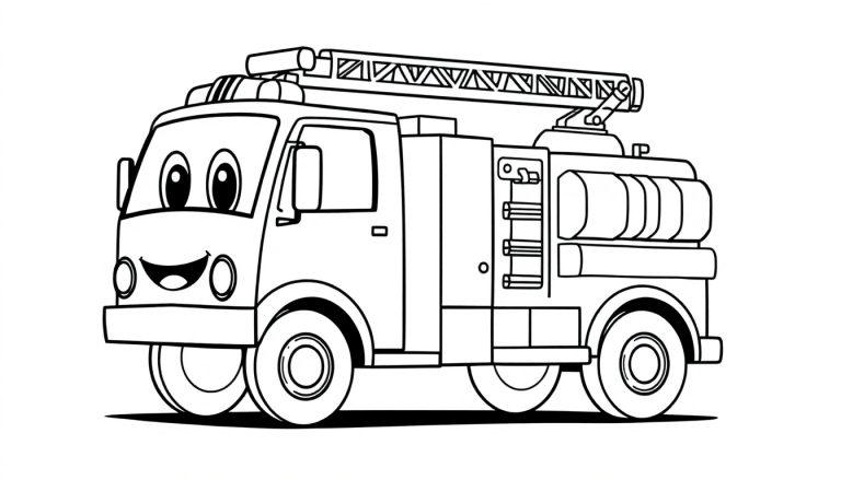 Eine Schwarz-Weiß-Farbtafel eines freundlichen Comic-Feuerwehrautos mit großen Augen und einem lächelnden Mund, bereit zum Ausmalen.