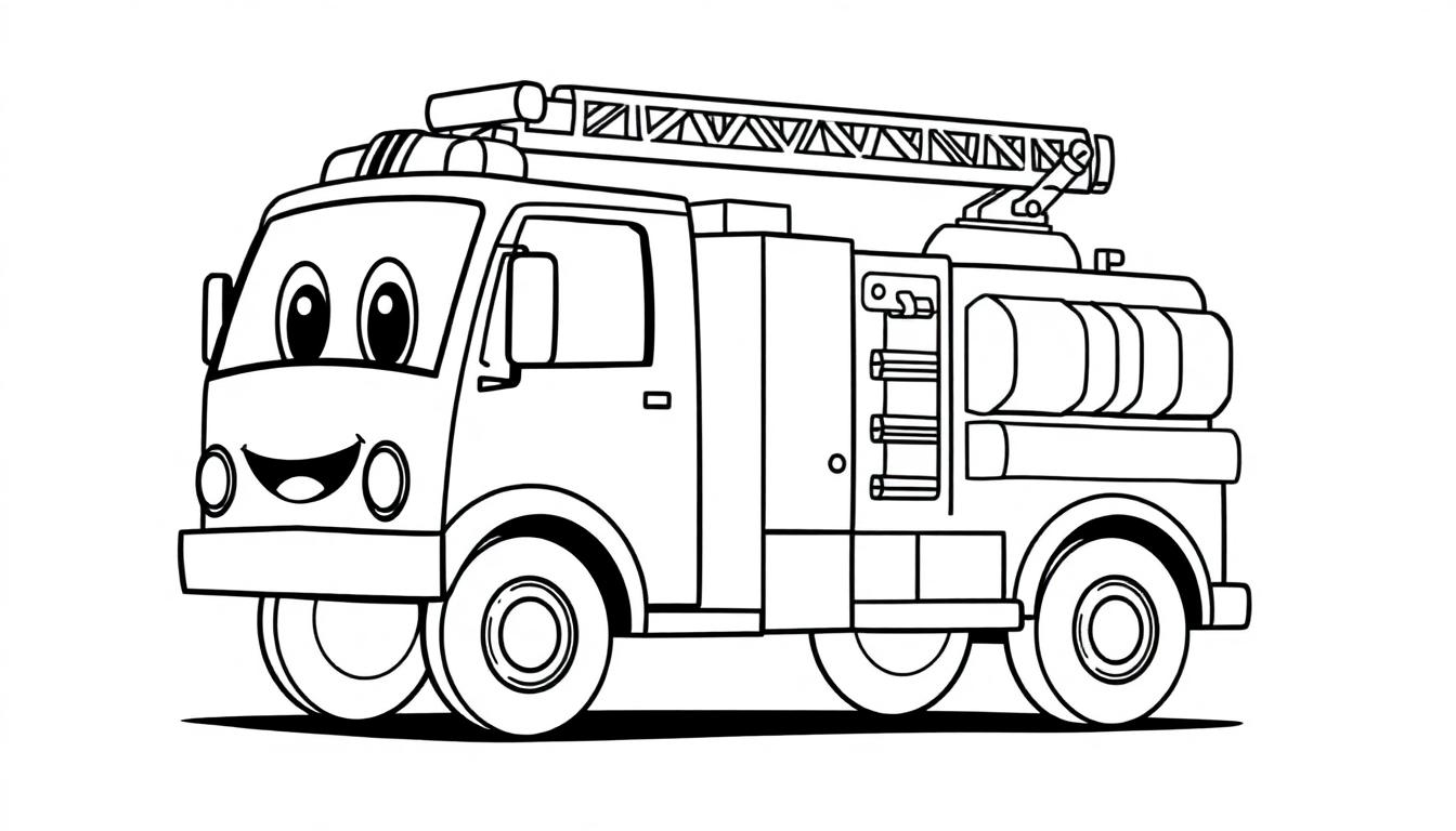 Eine Schwarz-Weiß-Farbtafel eines freundlichen Comic-Feuerwehrautos mit großen Augen und einem lächelnden Mund, bereit zum Ausmalen.