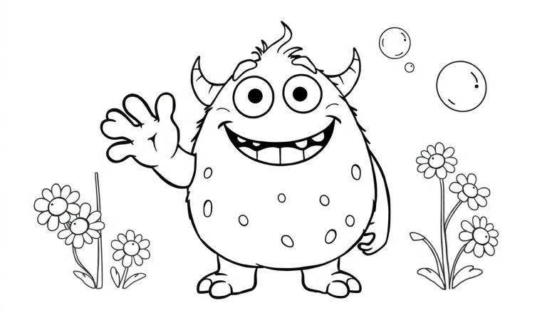 Schwarz-weiße Farbtafel eines freundlichen Cartoon-Monsters, das vor Blumen und Seifenblasen winkt.
