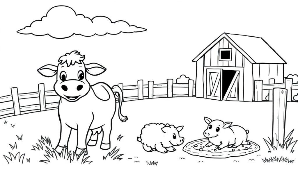 Schwarz-Weiß-Malvorlage: Eine Kuh und zwei Schweine auf einem Bauernhof unter flauschigen Wolken. Farbtafel.
