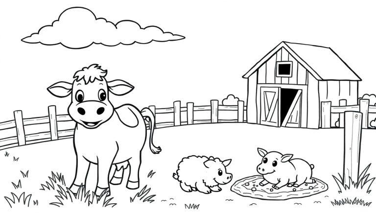 Schwarz-Weiß-Malvorlage: Eine Kuh und zwei Schweine auf einem Bauernhof unter flauschigen Wolken. Farbtafel.
