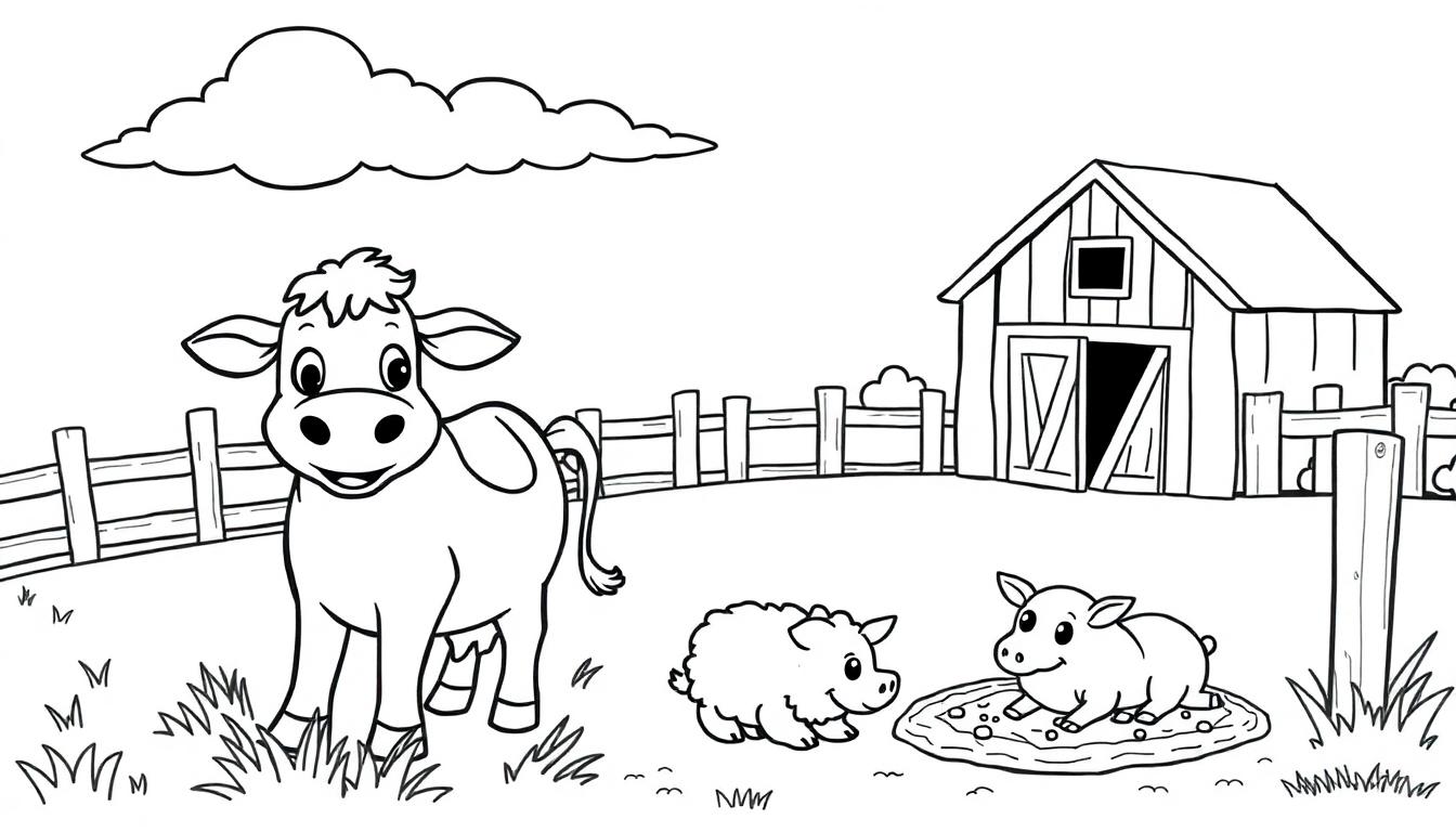 Schwarz-Weiß-Malvorlage: Eine Kuh und zwei Schweine auf einem Bauernhof unter flauschigen Wolken. Farbtafel.