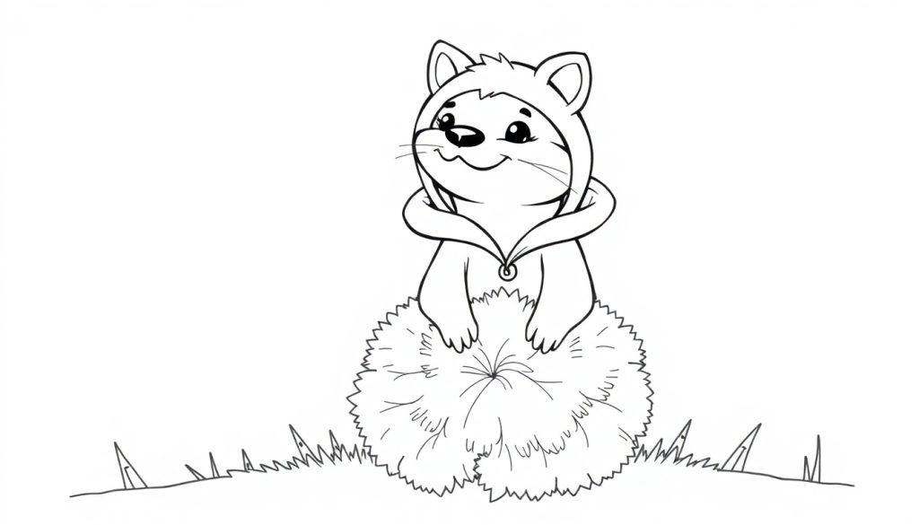 Ein niedlicher Cartoon-Otter in einem Hoodie mit Ohren, der auf einem großen Pompon steht.