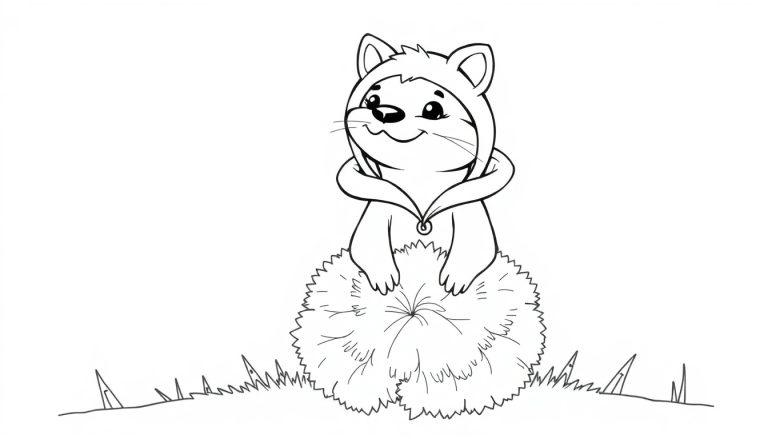 Ein niedlicher Cartoon-Otter in einem Hoodie mit Ohren, der auf einem großen Pompon steht.