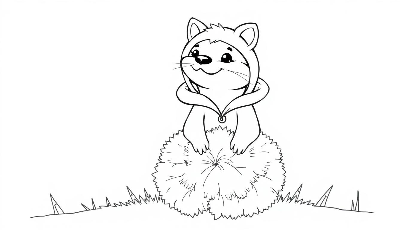 Ein niedlicher Cartoon-Otter in einem Hoodie mit Ohren, der auf einem großen Pompon steht.