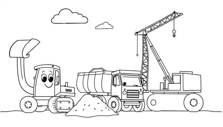 Schwarz-weiße Farbtafel einer Baustelle mit freundlichen Baumaschinen.