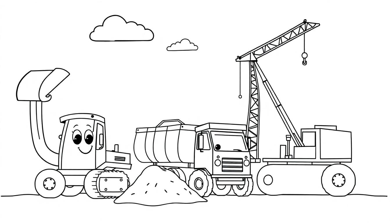 Schwarz-weiße Farbtafel einer Baustelle mit freundlichen Baumaschinen.