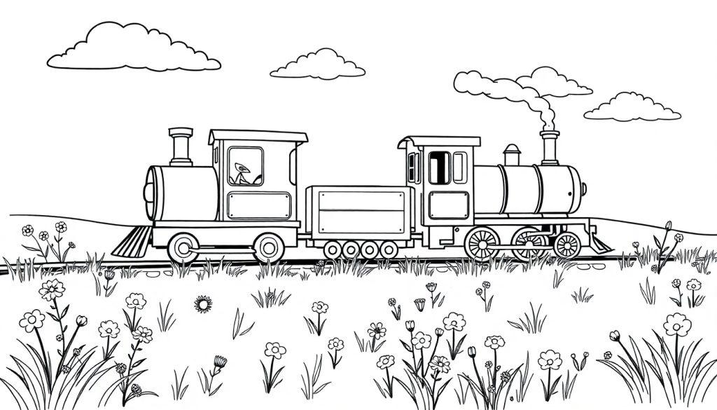 Schwarz-weiße Farbtafel einer freundlichen Dampflok mit einem Waggon, die durch eine Wiese mit Blumen und Wolken fährt.