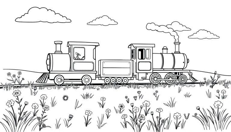 Schwarz-weiße Farbtafel einer freundlichen Dampflok mit einem Waggon, die durch eine Wiese mit Blumen und Wolken fährt.