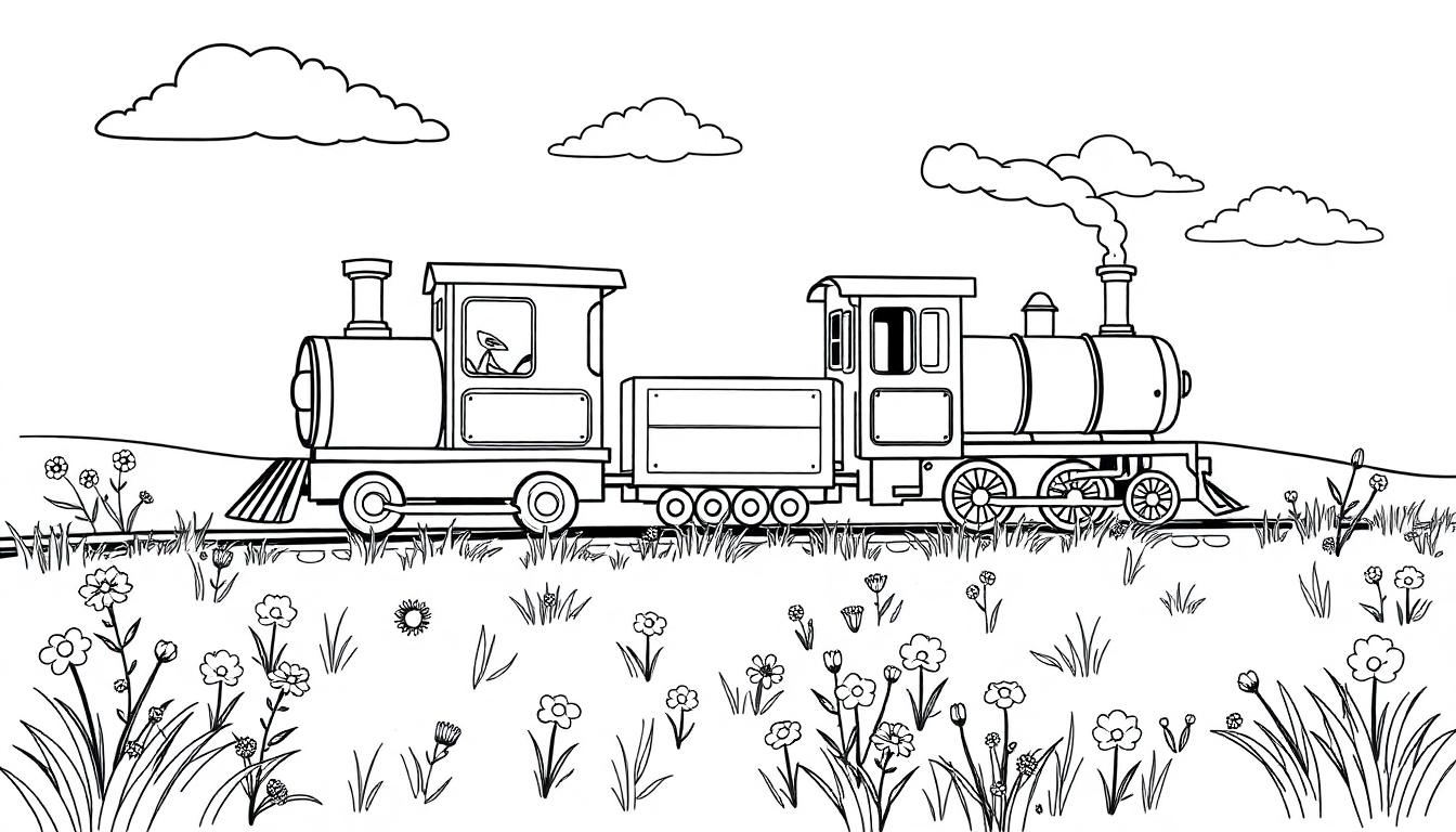Schwarz-weiße Farbtafel einer freundlichen Dampflok mit einem Waggon, die durch eine Wiese mit Blumen und Wolken fährt.