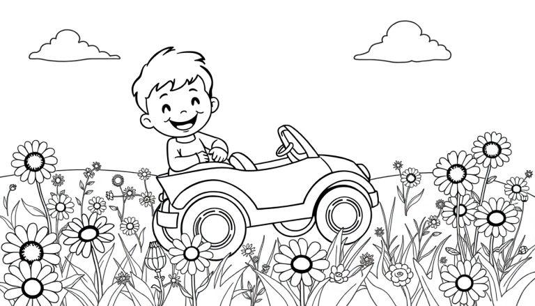 Schwarz-weiß Farbtafel-Zeichnung eines lächelnden Jungen in einem Spielzeugauto auf einer Blumenwiese mit Wolken im Hintergrund.