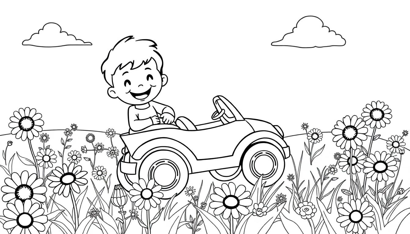 Schwarz-weiß Farbtafel-Zeichnung eines lächelnden Jungen in einem Spielzeugauto auf einer Blumenwiese mit Wolken im Hintergrund.