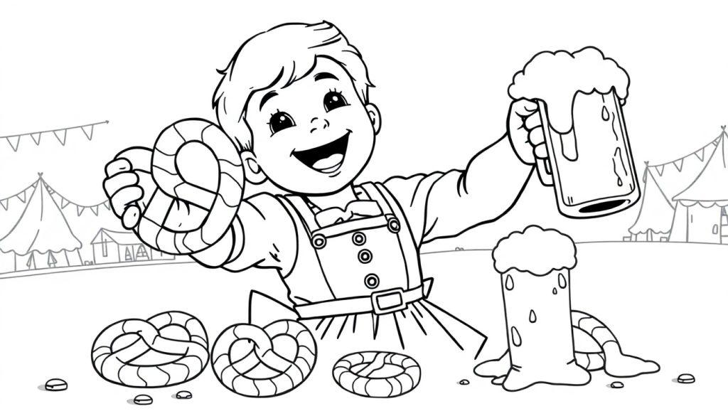 Schwarz-weiße Farbtafel: Ein fröhlicher Junge im traditionellen deutschen Outfit mit Hosenträgern und Schleife hält Brezeln und ein Bierglas.
