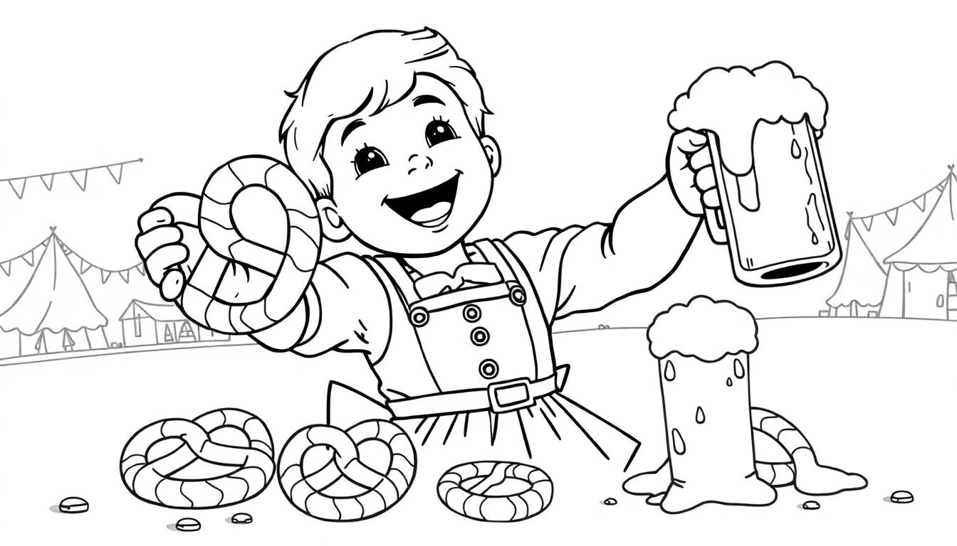 Schwarz-weiße Farbtafel: Ein fröhlicher Junge im traditionellen deutschen Outfit mit Hosenträgern und Schleife hält Brezeln und ein Bierglas.
