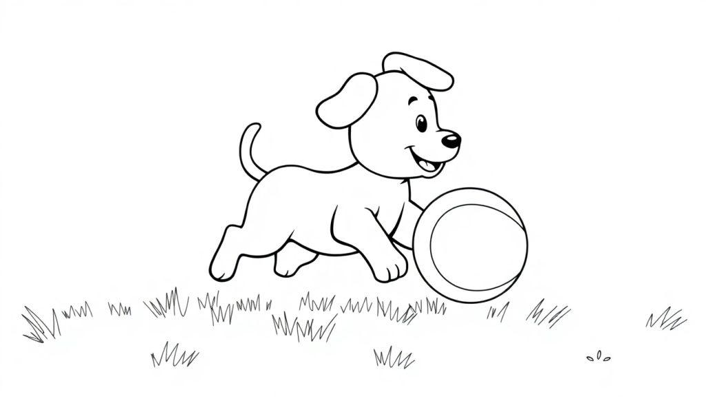 Eine Cartoon-Farbtafel eines fröhlichen Hundes mit Schlappohren, der im Gras spielt.