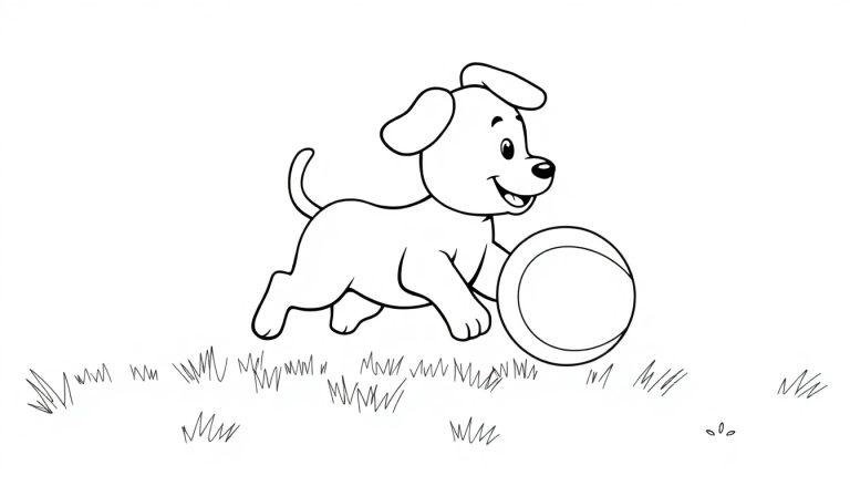 Eine Cartoon-Farbtafel eines fröhlichen Hundes mit Schlappohren, der im Gras spielt.