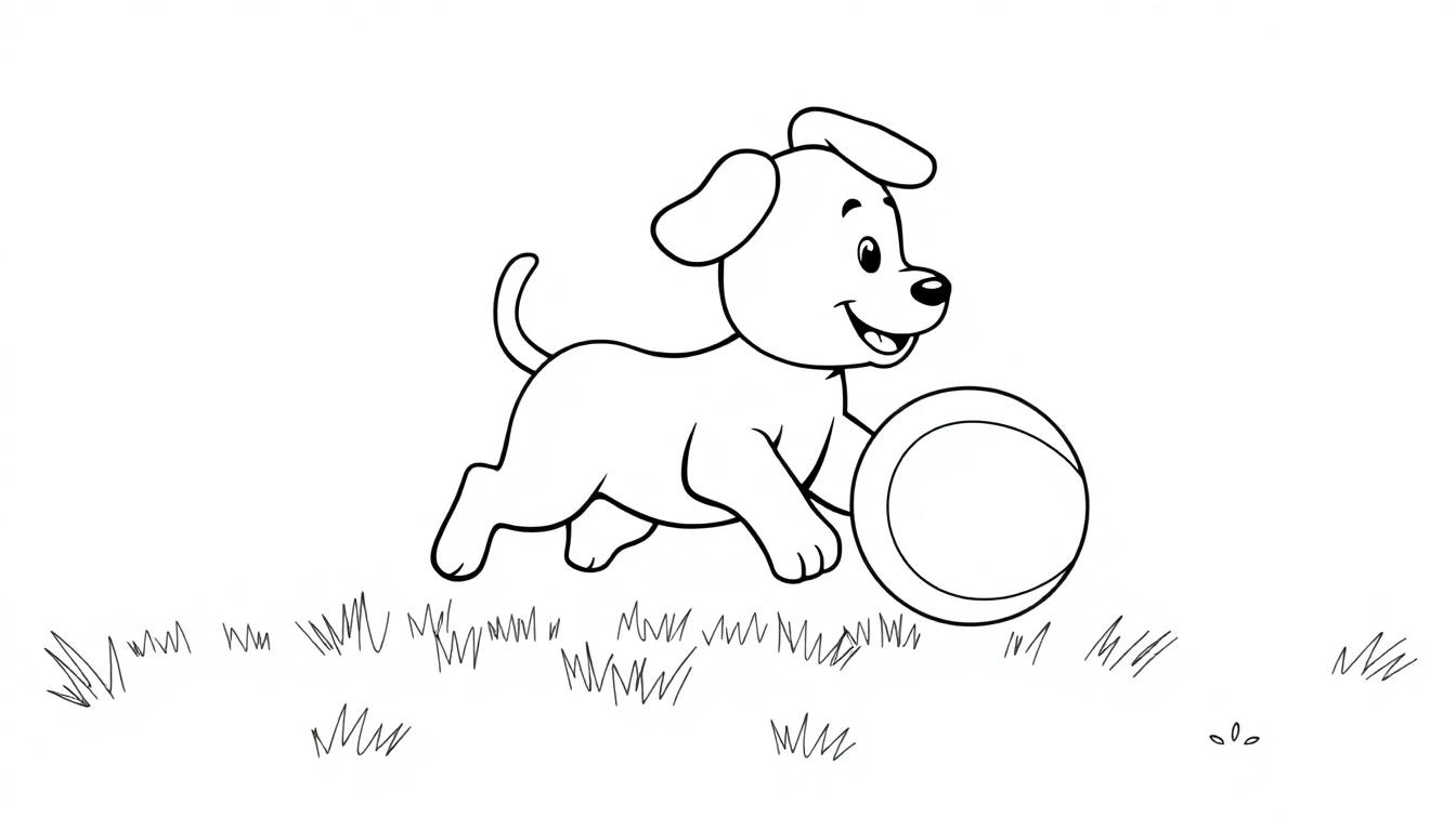 Eine Cartoon-Farbtafel eines fröhlichen Hundes mit Schlappohren, der im Gras spielt.