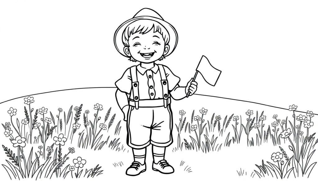 Schwarz-weiß Farbtafel-Illustration eines lächelnden Jungen mit Hut und Hosenträgern, der auf einer Blumenwiese steht und eine kleine Flagge hält.