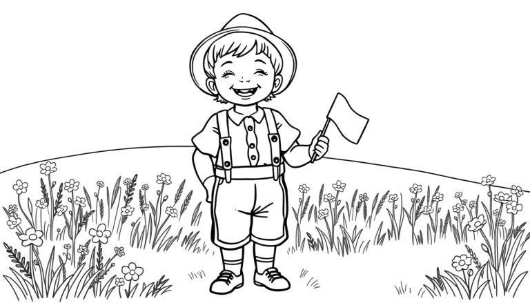 Schwarz-weiß Farbtafel-Illustration eines lächelnden Jungen mit Hut und Hosenträgern, der auf einer Blumenwiese steht und eine kleine Flagge hält.