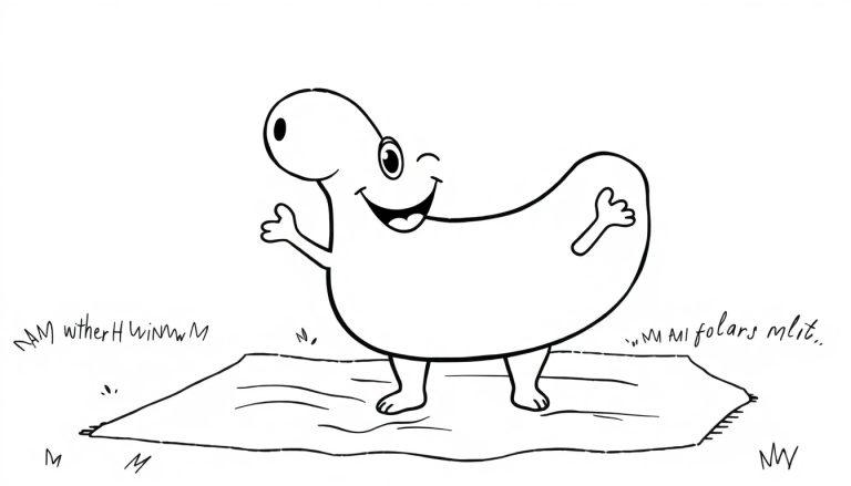 Eine schwarz-weiße Farbtafel eines freundlichen, tropfenförmigen Cartoon-Wesens, das auf einer gestreiften Matte winkt.